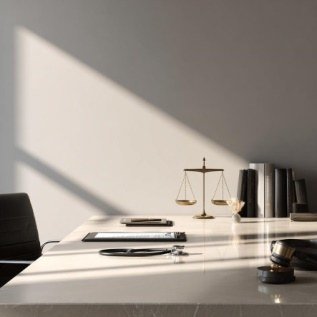 A lawyer's desk with scales of justice and law books